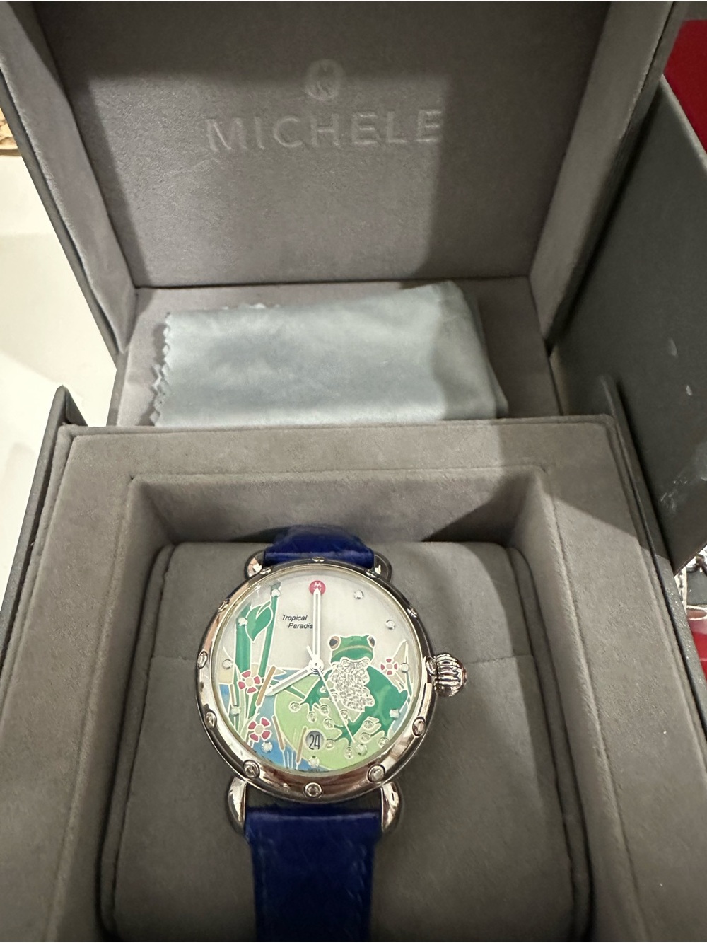 Michele Tropical Paradise Diamond Dial Watch with Blue Strap and Green Motif - Picture 3 of 11